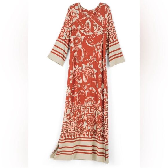 Soft Surroundings Asteria Maxi Dress Coral Floral Greek Key Design Resortwear M - Picture 1 of 7